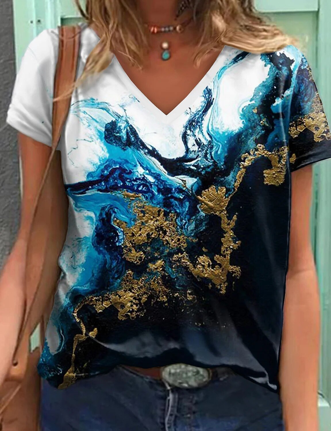 2022 Women's Fashion Abstract Painting T Shirt Graphic Geometric Print V Neck Plus Size Basic Tops Casual Blue / 3D Print Shirt