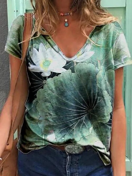 2022 Women's Fashion Abstract Painting T Shirt Graphic Geometric Print V Neck Plus Size Basic Tops Casual Blue / 3D Print Shirt