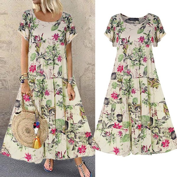Retro Floral Print Long Dress Women Summer Elegant Cotton Linen Ruffle Boho Beach Maxi Dresses Casual O-Neck Holiday Party Dress