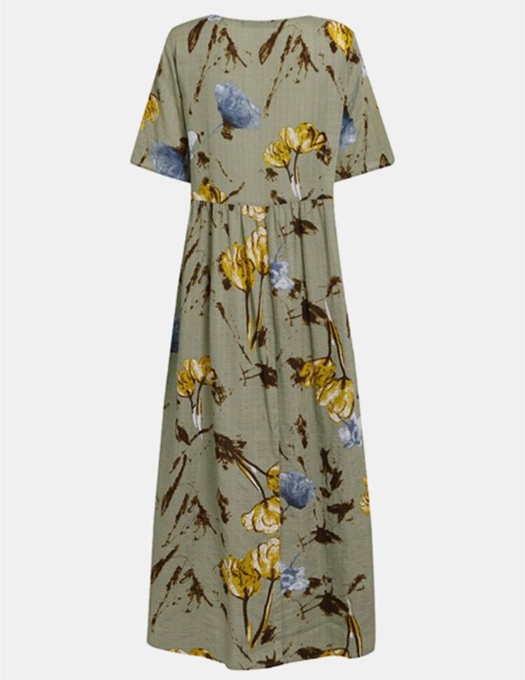 Retro Floral Print Long Dress Women Summer Elegant Cotton Linen Ruffle Boho Beach Maxi Dresses Casual O-Neck Holiday Party Dress