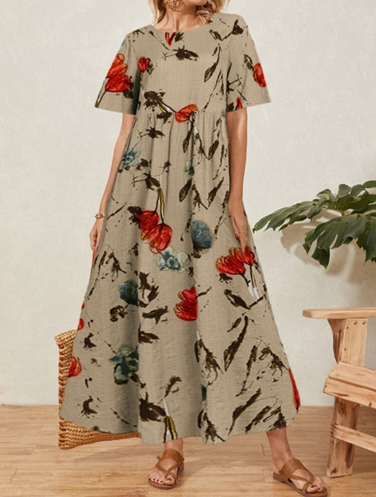 Retro Floral Print Long Dress Women Summer Elegant Cotton Linen Ruffle Boho Beach Maxi Dresses Casual O-Neck Holiday Party Dress