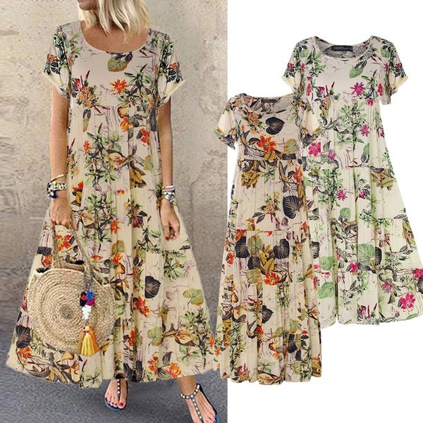 Retro Floral Print Long Dress Women Summer Elegant Cotton Linen Ruffle Boho Beach Maxi Dresses Casual O-Neck Holiday Party Dress