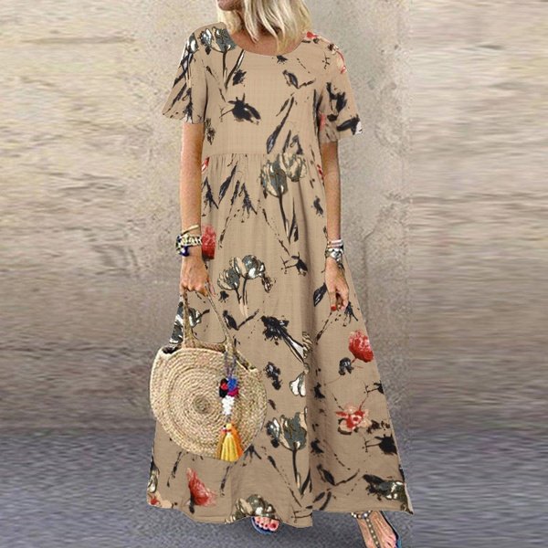 Retro Floral Print Long Dress Women Summer Elegant Cotton Linen Ruffle Boho Beach Maxi Dresses Casual O-Neck Holiday Party Dress