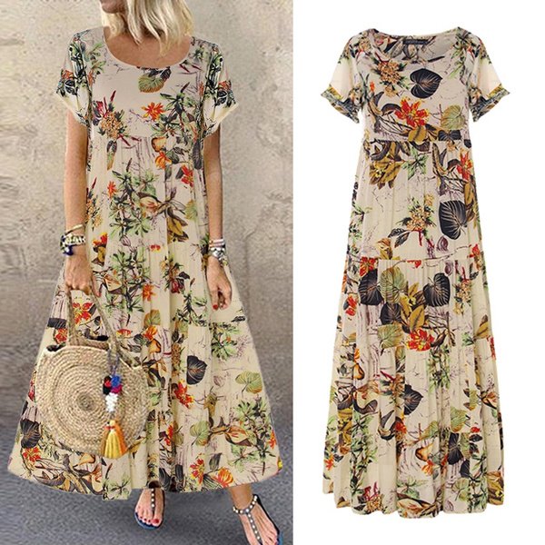 Retro Floral Print Long Dress Women Summer Elegant Cotton Linen Ruffle Boho Beach Maxi Dresses Casual O-Neck Holiday Party Dress