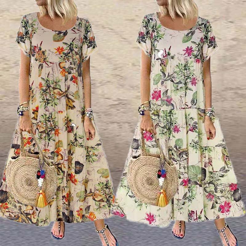 Retro Floral Print Long Dress Women Summer Elegant Cotton Linen Ruffle Boho Beach Maxi Dresses Casual O-Neck Holiday Party Dress