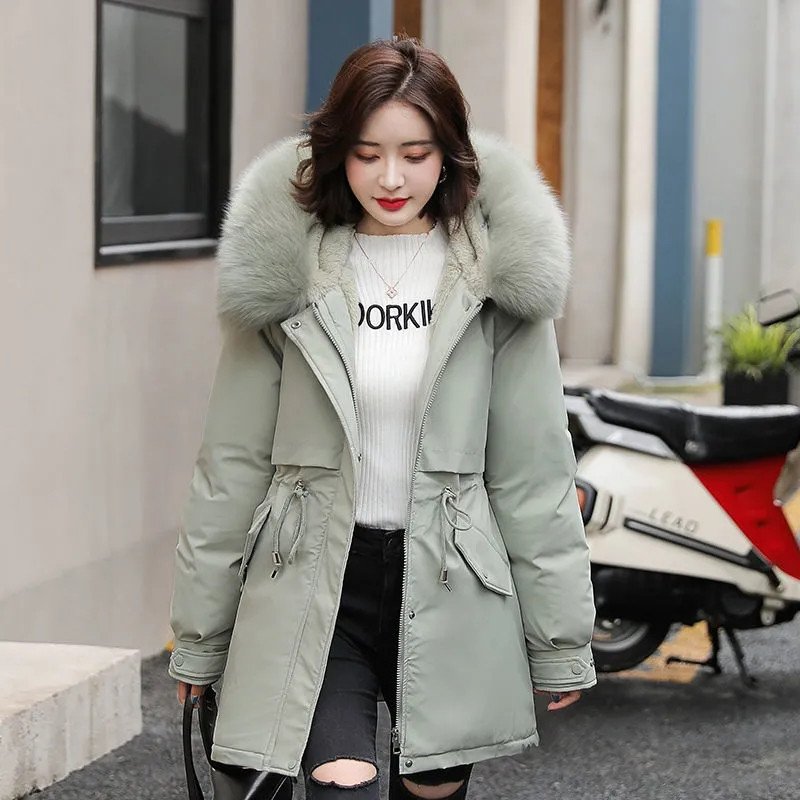 2022 New Winter Jacket Women Parka Fashion Long Coat Wool Liner Hooded Parkas Slim With Fur Collar Warm Snow Wear Padded Clothes