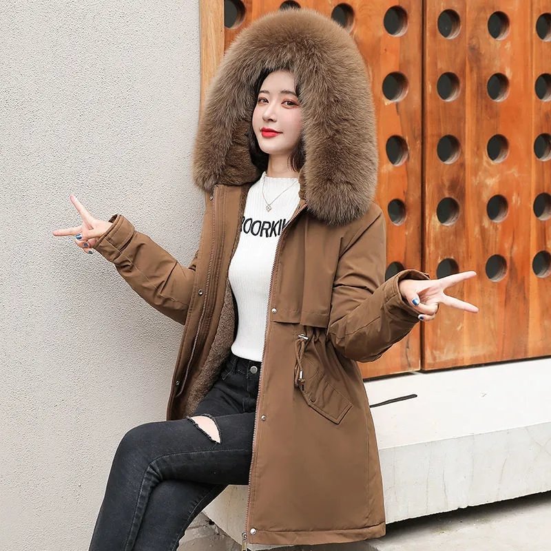 2022 New Winter Jacket Women Parka Fashion Long Coat Wool Liner Hooded Parkas Slim With Fur Collar Warm Snow Wear Padded Clothes