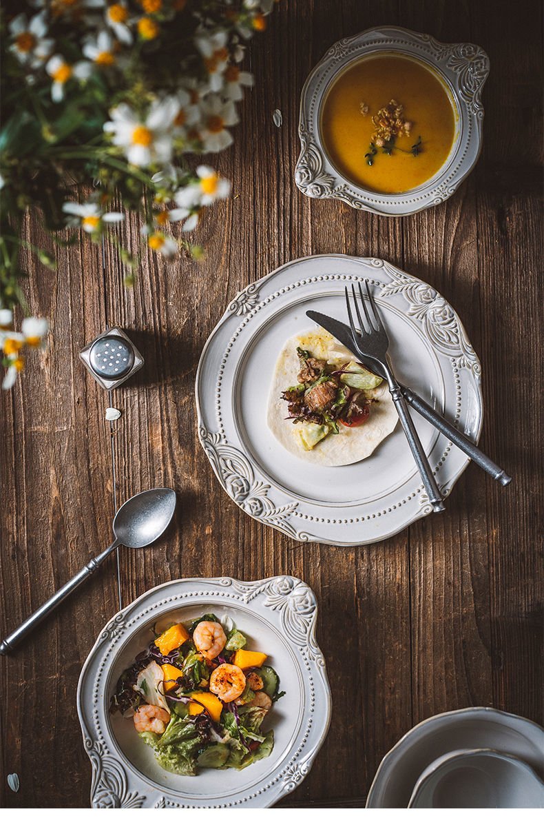 European Style Flat Plate Western Steak Plate Embossed Dinnerware Set Salad Bowl Pure White Tray Bone China Christmas Dinner Set