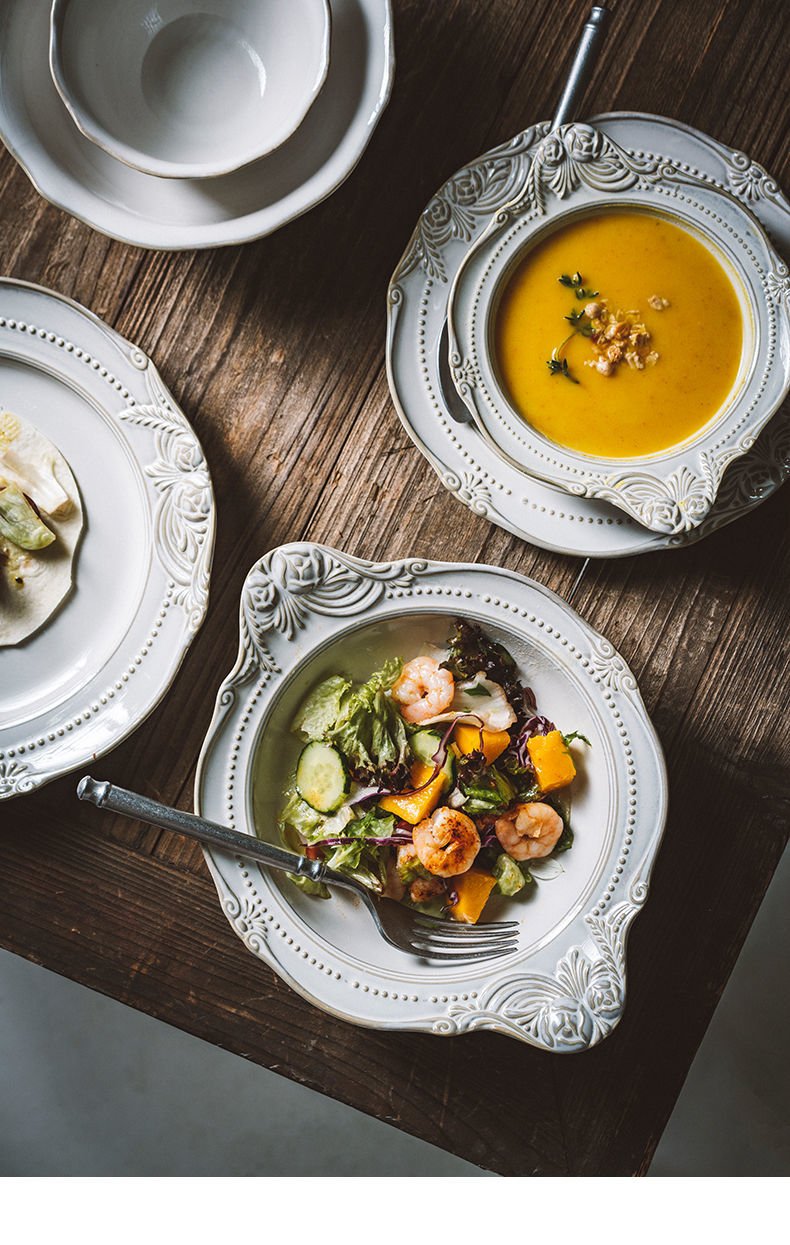 European Style Flat Plate Western Steak Plate Embossed Dinnerware Set Salad Bowl Pure White Tray Bone China Christmas Dinner Set