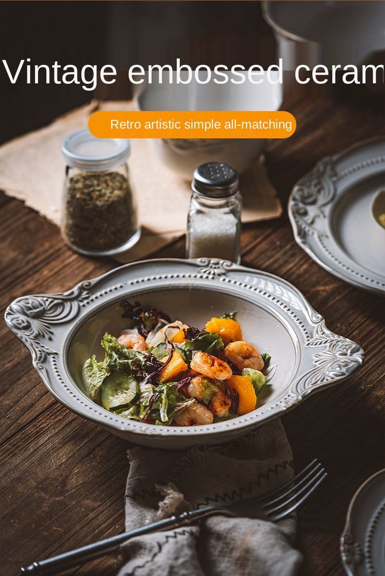 European Style Flat Plate Western Steak Plate Embossed Dinnerware Set Salad Bowl Pure White Tray Bone China Christmas Dinner Set