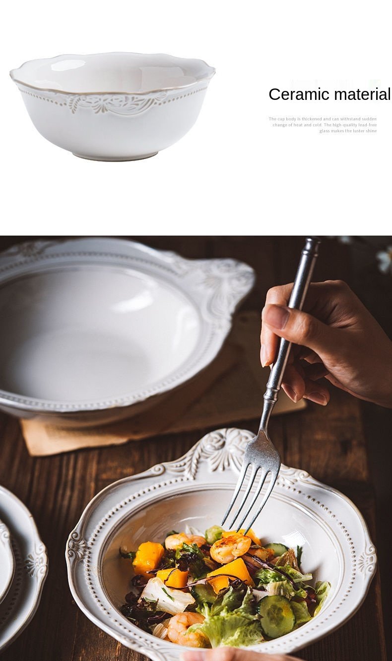 European Style Flat Plate Western Steak Plate Embossed Dinnerware Set Salad Bowl Pure White Tray Bone China Christmas Dinner Set
