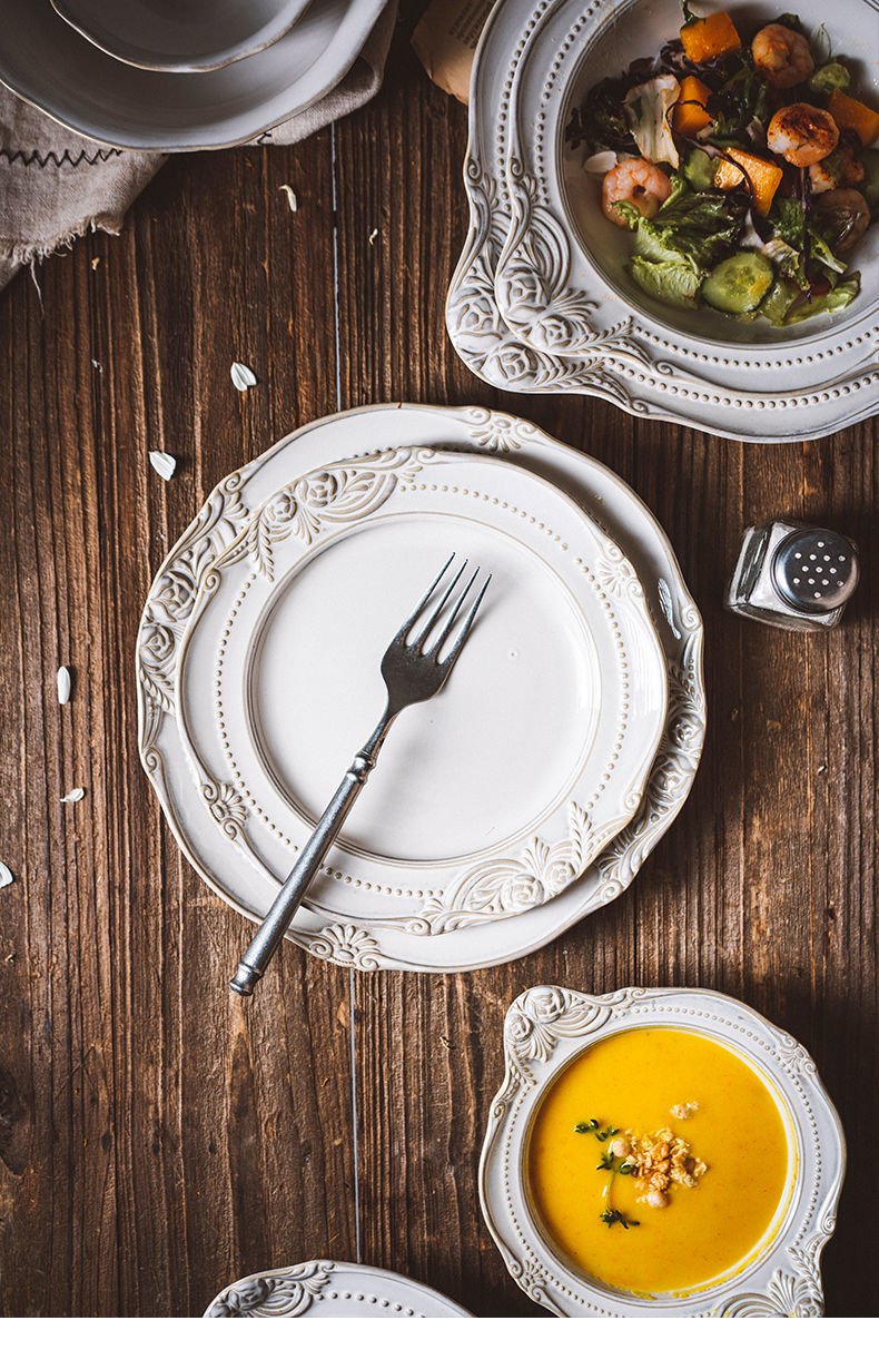European Style Flat Plate Western Steak Plate Embossed Dinnerware Set Salad Bowl Pure White Tray Bone China Christmas Dinner Set