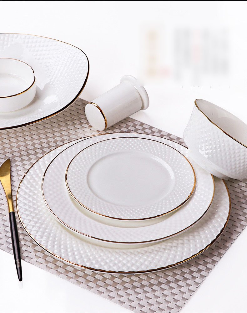 European Ceramic Dinner Plate Set Manual Grid Relief Decorative Western Restaurant Steak Dish Modern Desktop Fruit Salad Plates