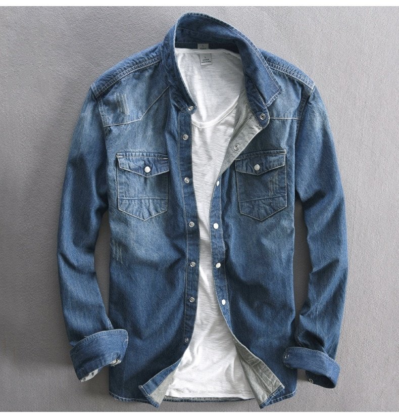 Men's Long-Sleeved Solid Denim Shirt Men's Long-Sleeved Solid Denim Shirt