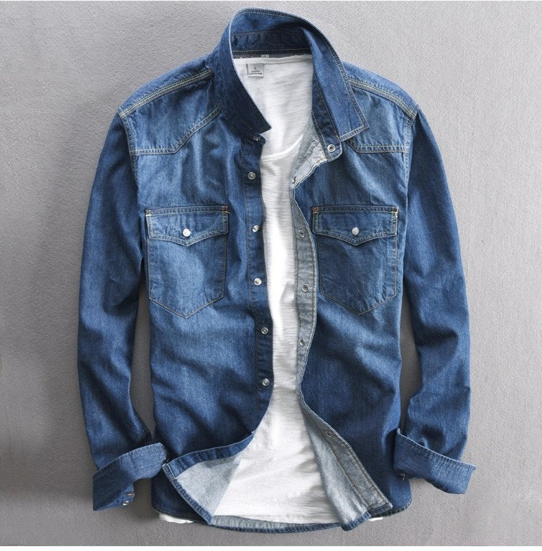 Men's Long-Sleeved Solid Denim Shirt Men's Long-Sleeved Solid Denim Shirt