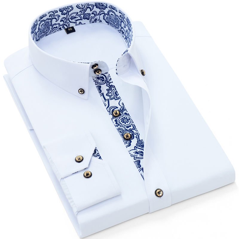 Blue-and-white Porcelain Collar Shirt Men Long Sleeve Korean SlimFit Casual Business Dress Shirts Solid Color White Shirt Cotton Blue-and-white Porcelain Collar Shirt Men Long Sleeve Korean SlimFit Casual Business Dress Shirts Solid Color White Shirt Cotton