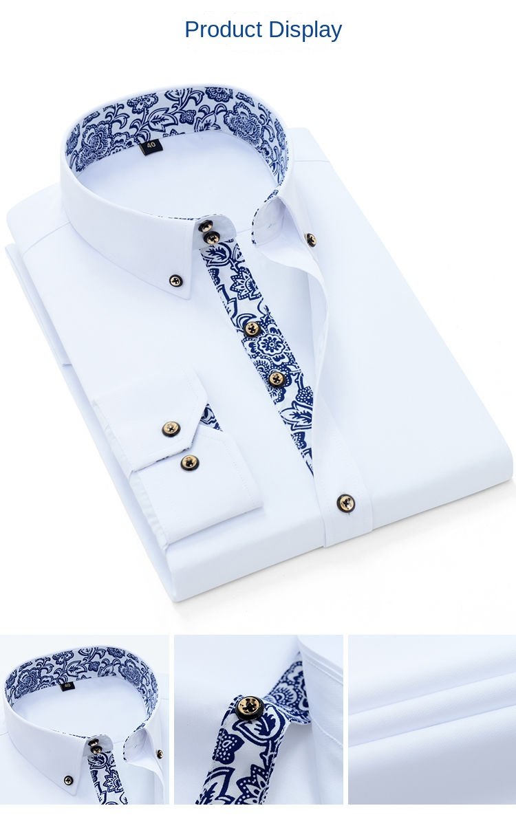 Blue-and-white Porcelain Collar Shirt Men Long Sleeve Korean SlimFit Casual Business Dress Shirts Solid Color White Shirt Cotton Blue-and-white Porcelain Collar Shirt Men Long Sleeve Korean SlimFit Casual Business Dress Shirts Solid Color White Shirt Cotton