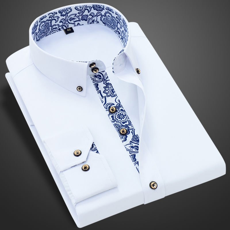 Blue-and-white Porcelain Collar Shirt Men Long Sleeve Korean SlimFit Casual Business Dress Shirts Solid Color White Shirt Cotton Blue-and-white Porcelain Collar Shirt Men Long Sleeve Korean SlimFit Casual Business Dress Shirts Solid Color White Shirt Cotton
