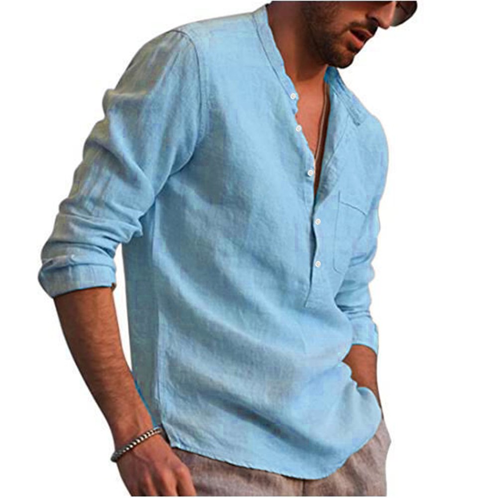 Cotton Linen Hot Sale Men's Long-Sleeved Shirts Summer Solid Color  Stand-Up Collar Casual Beach Style Plus Size