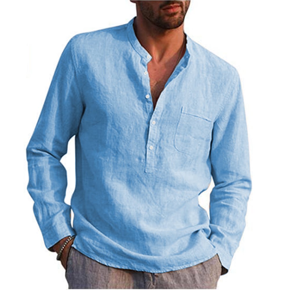 Cotton Linen Hot Sale Men's Long-Sleeved Shirts Summer Solid Color  Stand-Up Collar Casual Beach Style Plus Size