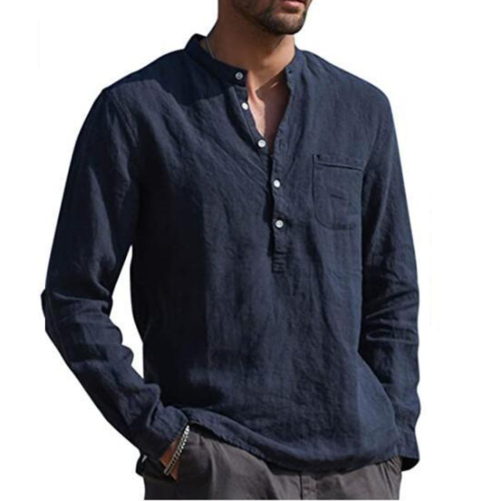 Cotton Linen Hot Sale Men's Long-Sleeved Shirts Summer Solid Color  Stand-Up Collar Casual Beach Style Plus Size