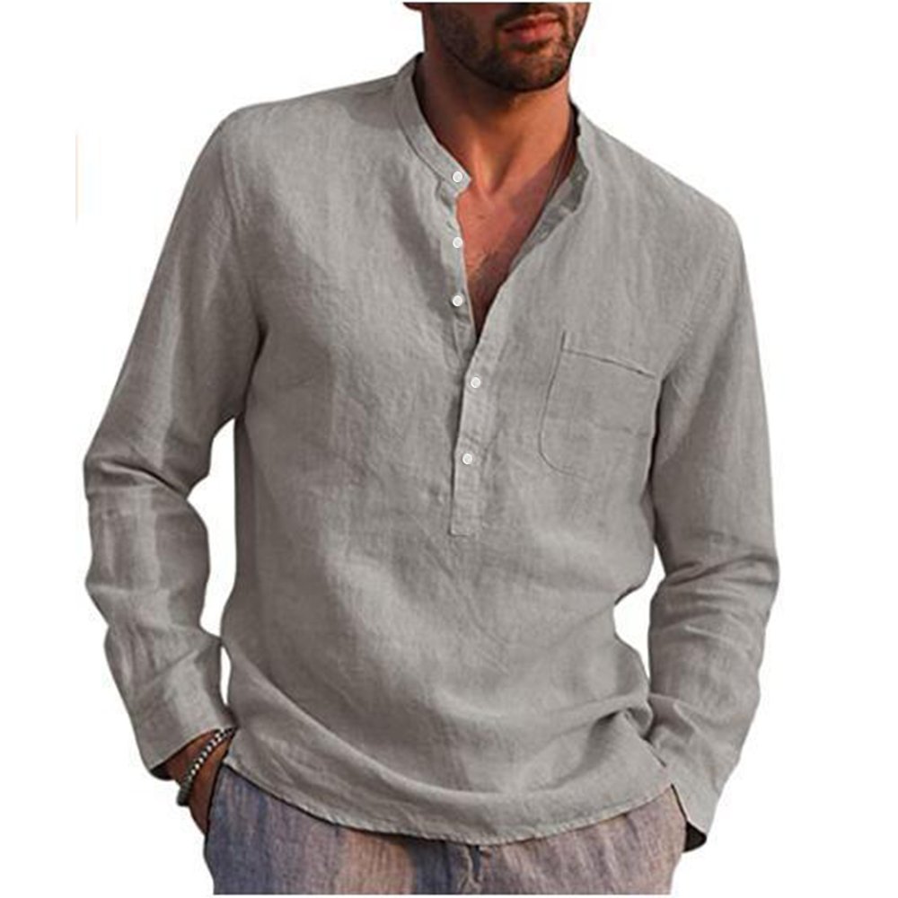 Cotton Linen Hot Sale Men's Long-Sleeved Shirts Summer Solid Color  Stand-Up Collar Casual Beach Style Plus Size