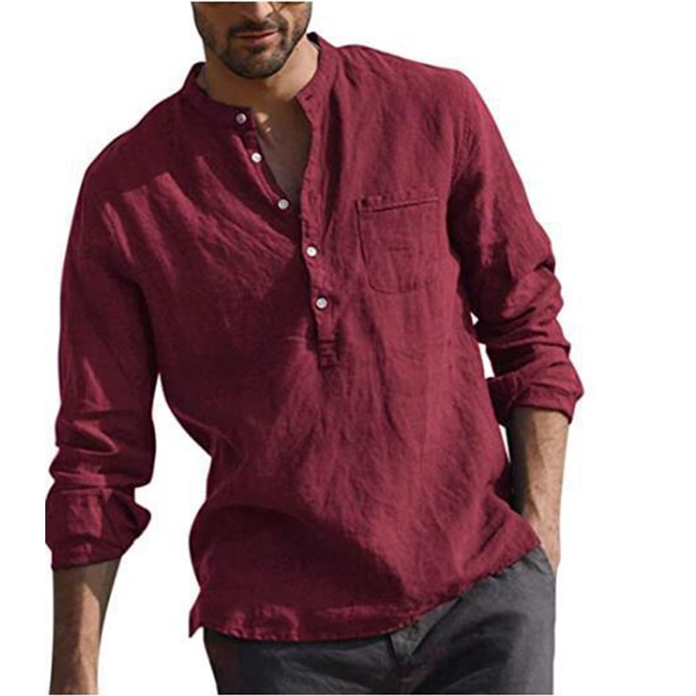 Cotton Linen Hot Sale Men's Long-Sleeved Shirts Summer Solid Color  Stand-Up Collar Casual Beach Style Plus Size