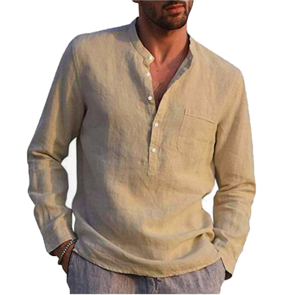 Cotton Linen Hot Sale Men's Long-Sleeved Shirts Summer Solid Color  Stand-Up Collar Casual Beach Style Plus Size