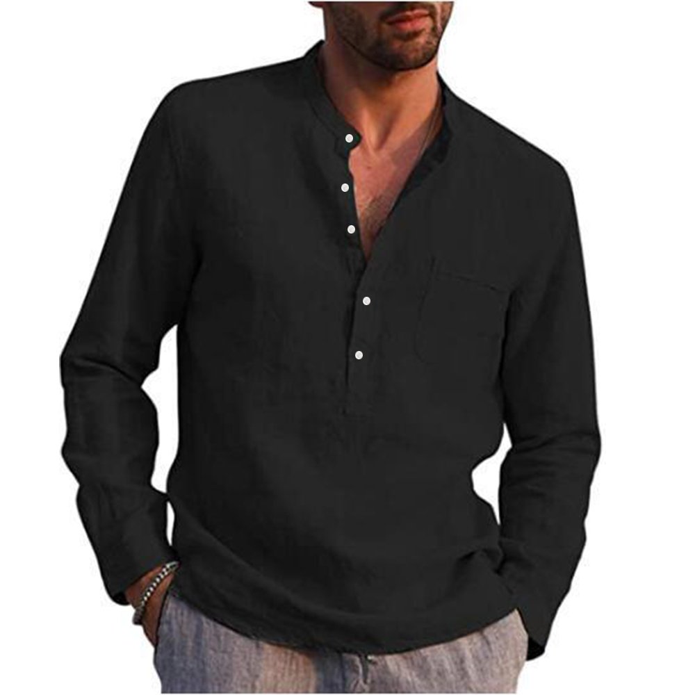 Cotton Linen Hot Sale Men's Long-Sleeved Shirts Summer Solid Color  Stand-Up Collar Casual Beach Style Plus Size