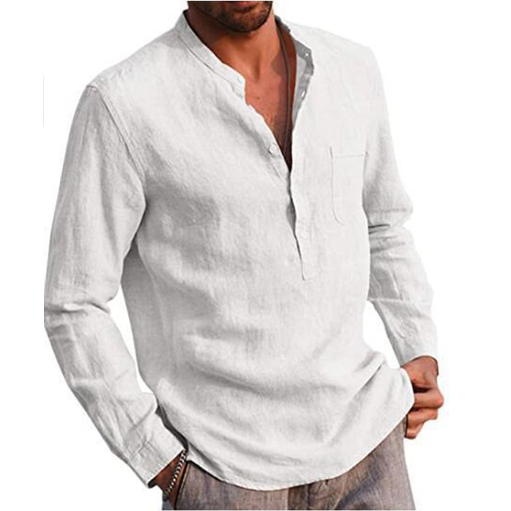 Cotton Linen Hot Sale Men's Long-Sleeved Shirts Summer Solid Color  Stand-Up Collar Casual Beach Style Plus Size