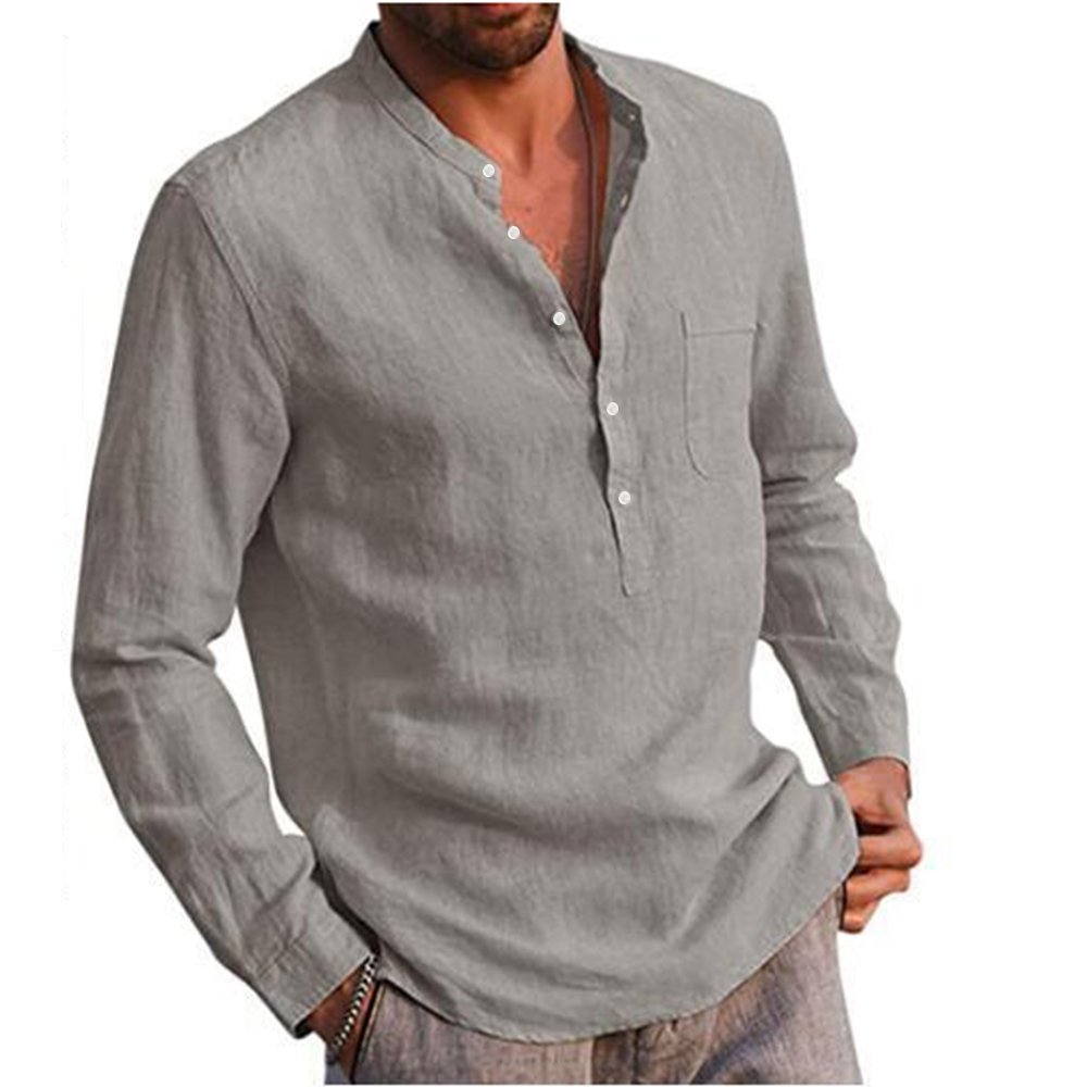 Cotton Linen Hot Sale Men's Long-Sleeved Shirts Summer Solid Color  Stand-Up Collar Casual Beach Style Plus Size