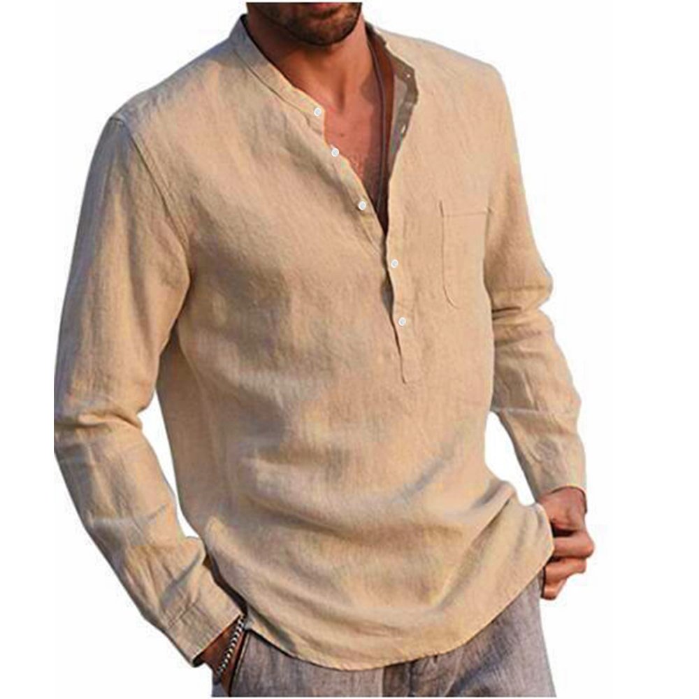 Cotton Linen Hot Sale Men's Long-Sleeved Shirts Summer Solid Color  Stand-Up Collar Casual Beach Style Plus Size