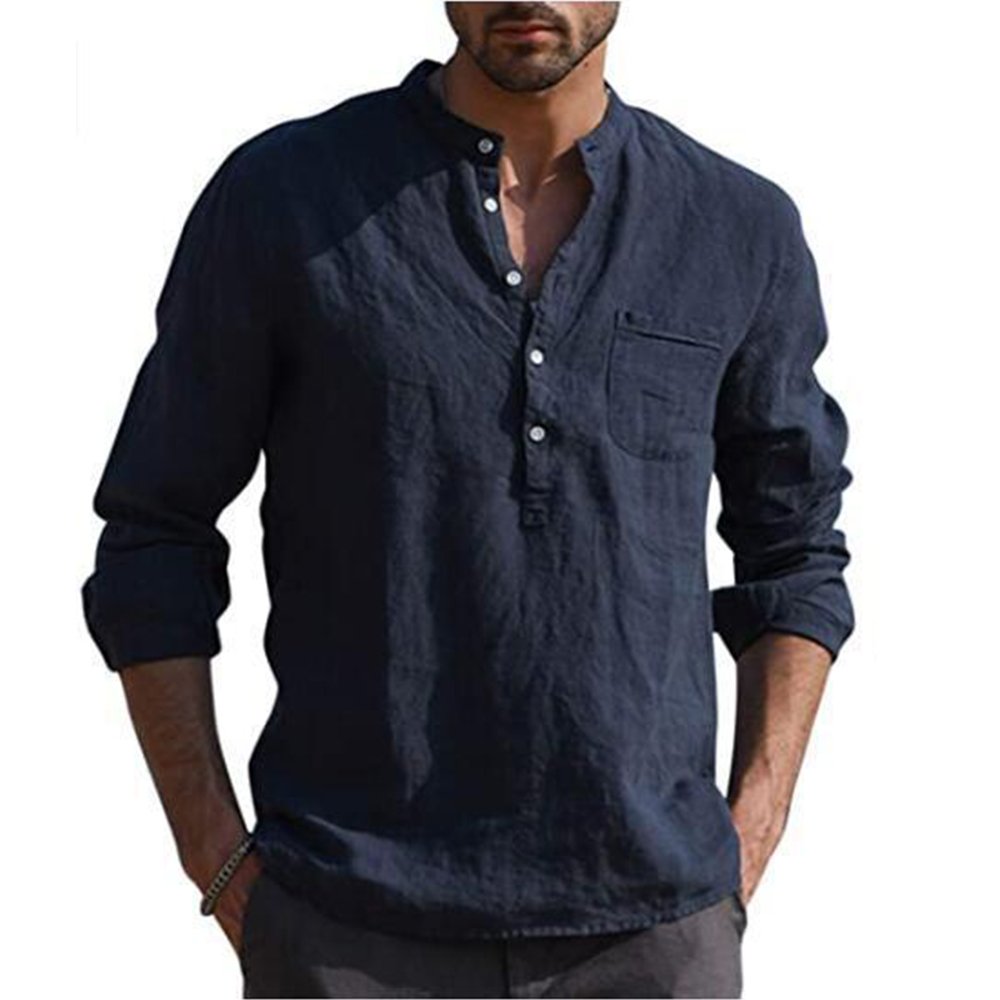 Cotton Linen Hot Sale Men's Long-Sleeved Shirts Summer Solid Color  Stand-Up Collar Casual Beach Style Plus Size