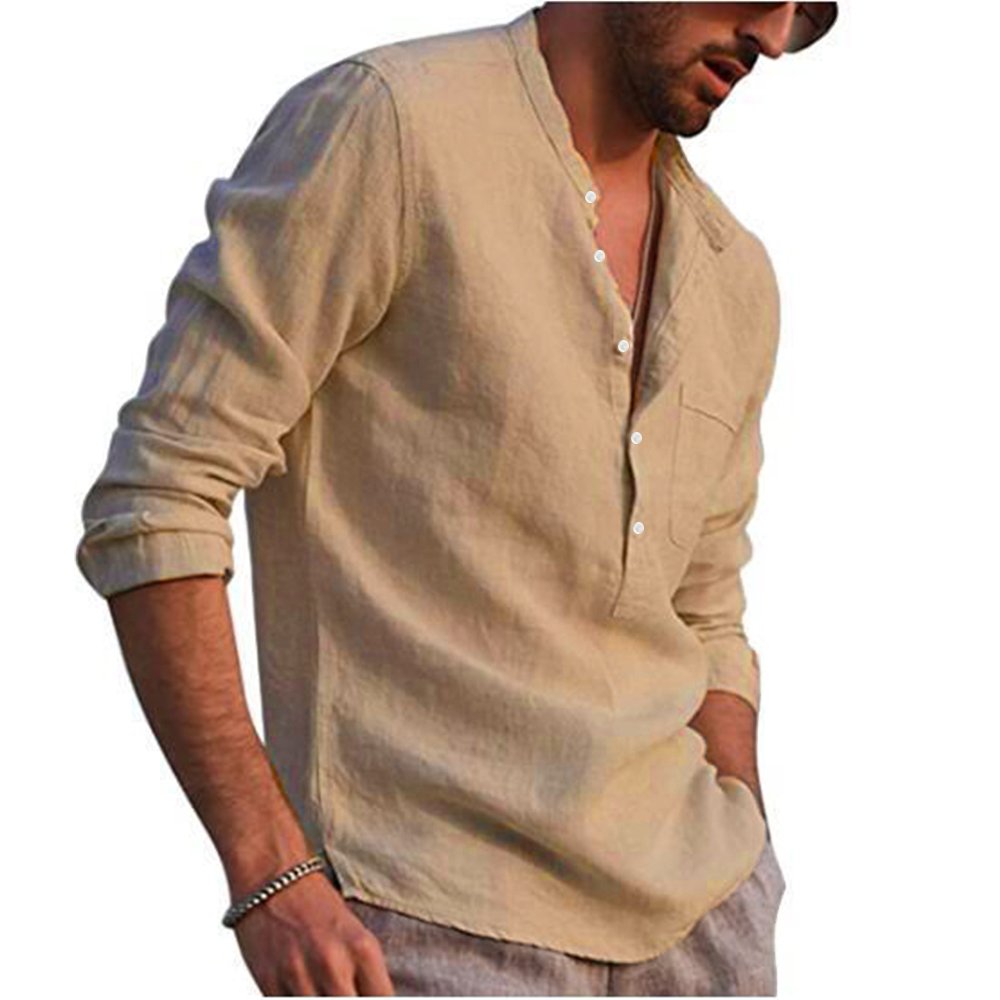 Cotton Linen Hot Sale Men's Long-Sleeved Shirts Summer Solid Color  Stand-Up Collar Casual Beach Style Plus Size
