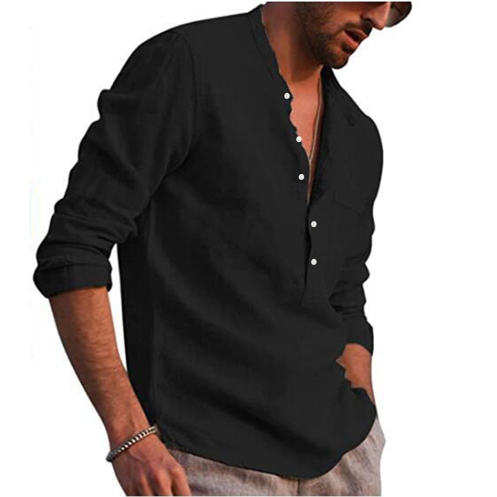 Cotton Linen Hot Sale Men's Long-Sleeved Shirts Summer Solid Color  Stand-Up Collar Casual Beach Style Plus Size