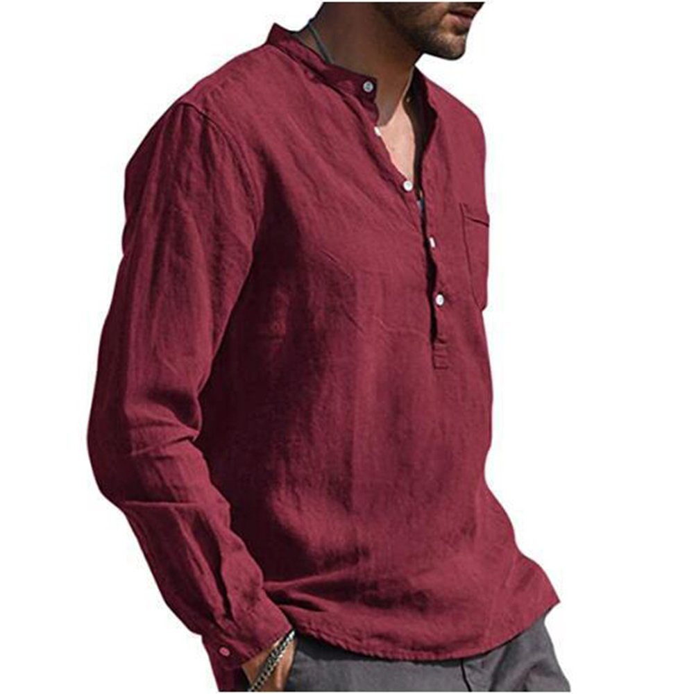 Cotton Linen Hot Sale Men's Long-Sleeved Shirts Summer Solid Color  Stand-Up Collar Casual Beach Style Plus Size