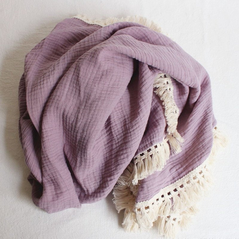 Cotton Muslin Baby Swaddle Blanket with Tassels Cotton Muslin Baby Swaddle Blanket with Tassels