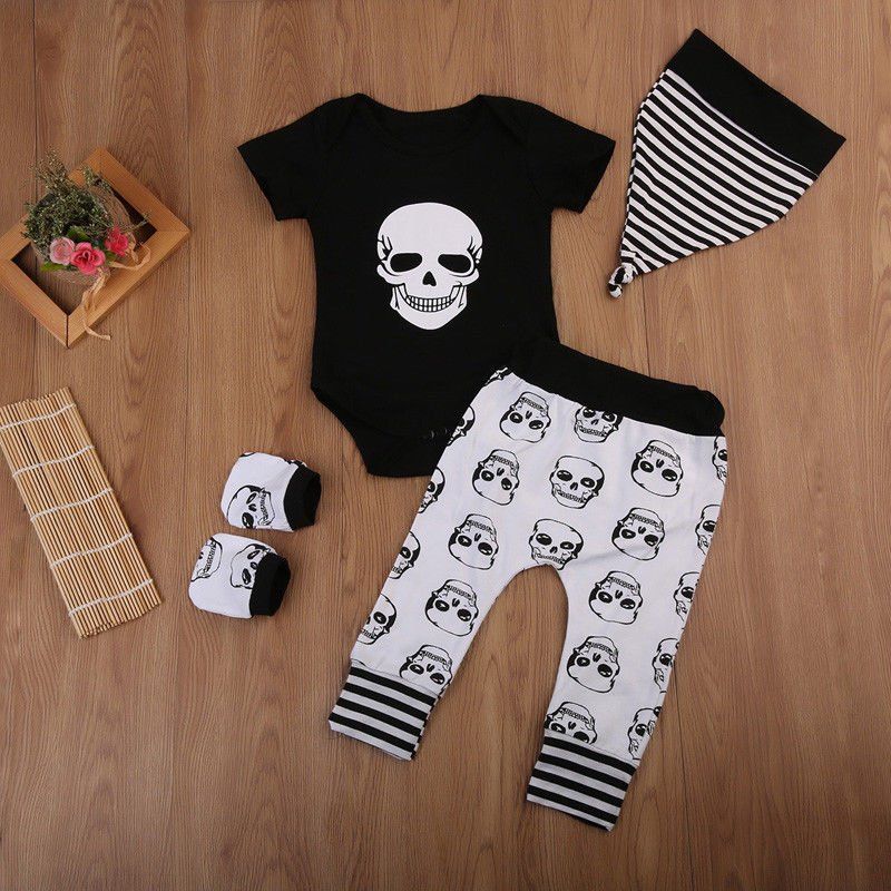 Pudcoco Boy Clothes 0M-18M AU Newborn Kids Baby Boy Skull Outfits Clothes Tops+Long Pants Hat 4pcs Set